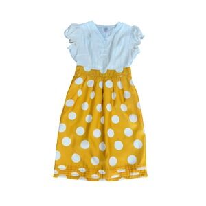 Downeast White Puff Sleeve Yellow Polka Dot Midi Dress Women's Size M Retro